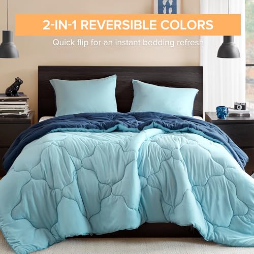 Image of Comfort Spaces Queen Comforter Set Vibrant Reversible Comforters Queen Size Quilted Bedding Set, All Season Lightweight Bedding, Soft Microfiber Comforter, Vixie, Navy /Light Blue Full /Queen 3 Piece