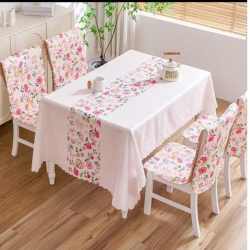 Image of HOMETHREADS Floral Cotton Chair Cover Set | Soft & Comfortable Seat Covers with Anti-Skid Non-Slip Backing + Waterproof Dining Table Cover (150x240cm) (White Green, 8 Chair Covers + 1 Table Cover)