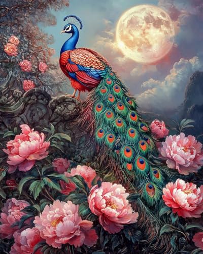 Diamond Painting Paon Fleurs Animaux - Broderie Diamant Cristal Point de Croix 40x50