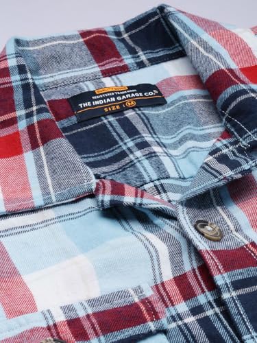 Image of The Indian Garage Co Men Regular Fit Checkered Full Sleeves Spread Collar Double Flap Pocket Casual Over Shirt