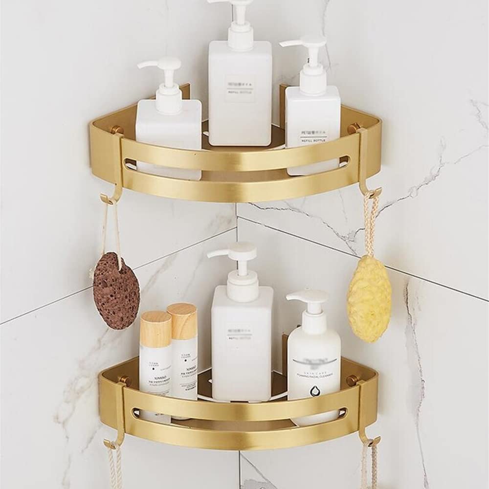 HEXEH Estante de ducha esquinero para baño, montado en la pared, aluminio dorado cepillado, organizador de champú, estante de drenaje, estantes de cocina, botellas de condimento, estante de