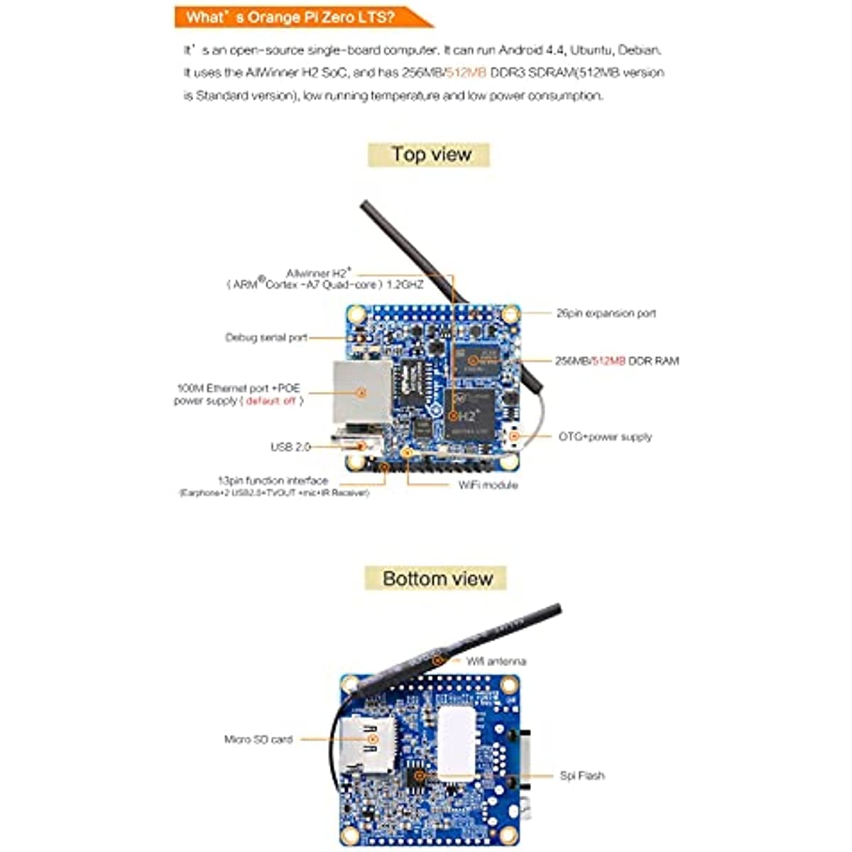 Development Board Kit kompatibel mit Orange Pi Zero LTS 512MB, H3 Quad-Core Open Source Single Board Computer mit schützendem weißen Gehäuse