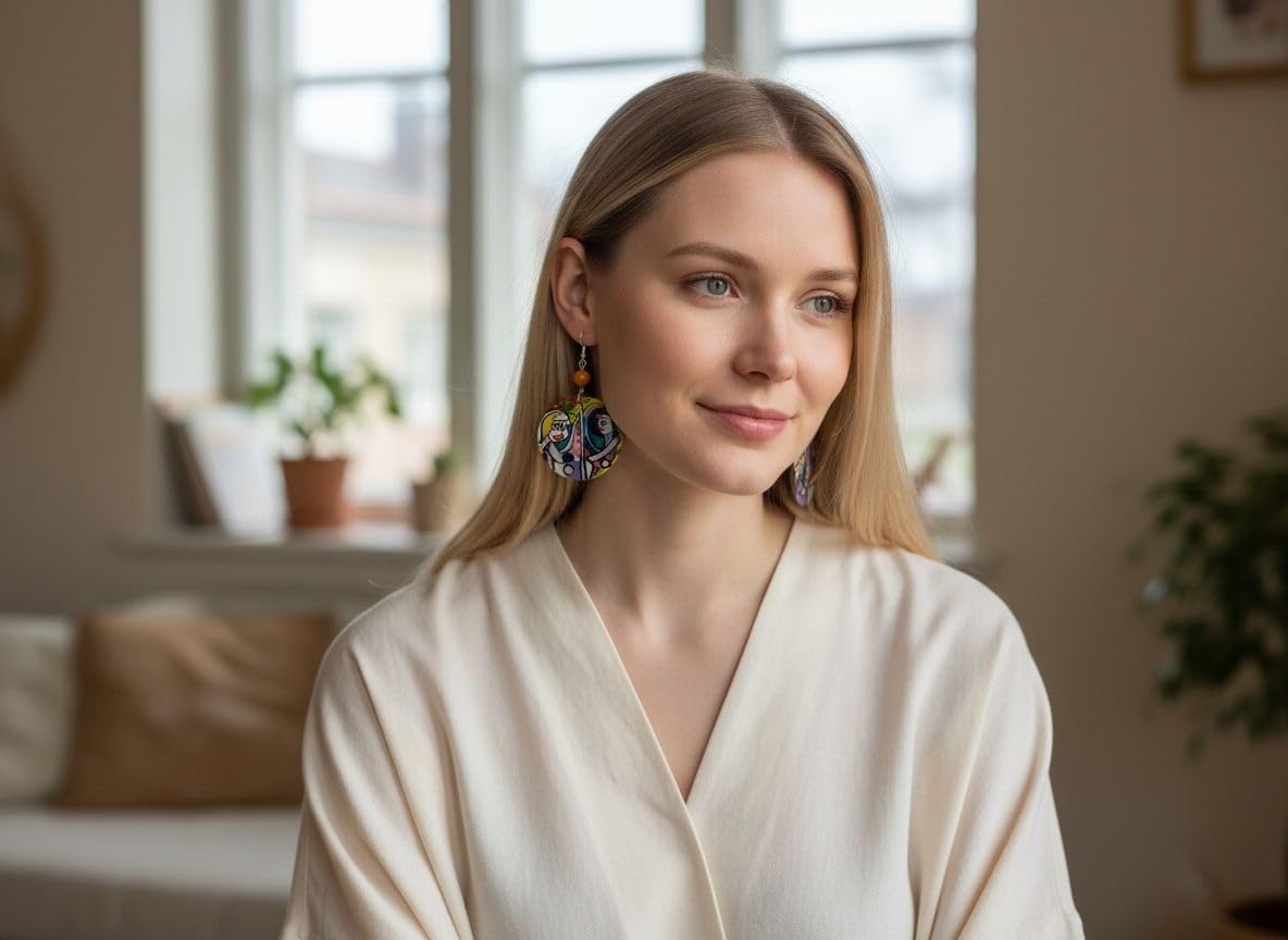 Boucles d'oreilles peintes à la main - LA FILLE AU MIROIR PAR PICASSO - Boucles d'oreilles pour femmes, Bijoux en bois peint, Crochet en argent, Made in Italy, Bijoux, Artisanat