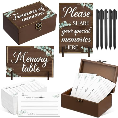Image of Gilprop 112 Pcs Celebration of Life Memory Cards Set Share a Memory Cards with Box 2 Wood Sign with 4 Hold and 5 Pens, Sympathy Memorial Gifts Funeral Keepsake Decorations(Eucalyptus Leaves)