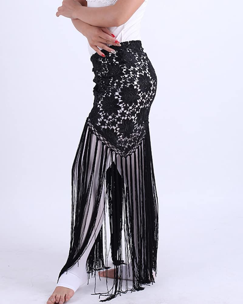 Traje de Danza del Vientre con Flecos Largos y Borlas, Falda Flamenca Bufanda de Cadera Bordada