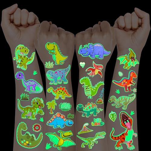 Lot de 24 feuilles de tatouages dinosaures phosphorescents pour enfants garçons et filles