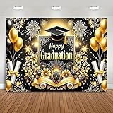 Hintergrund für die Abschlussfotografie und Partybanner, goldene und weiße Abschlusskappen, Ballonblumen und Feuerwerksdesigns 210cmx150cm