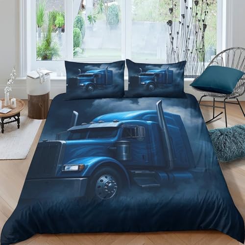 Housse de couette 135x200 camion bleu véhicule lourd imprimé 3D zippée