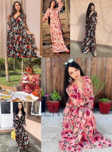 BLENCOT Women's Casual Boho Solid Color Deep V Neck Loose Long Sleeve Long Evening Dress Ruched Cocktail Party Maxi Wedding Dress Light Khaki X-Large