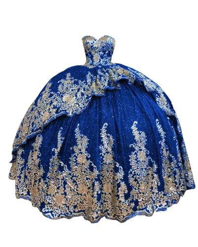 Saprkly Gold Florla Appliques Strapless Quinceanera Dresses Princess Puffy Ball Gowns Formal Dress 2025