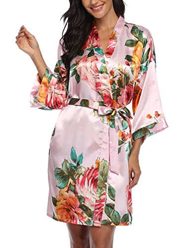 Image of VOGMATE Floral Silk Robes for Women Short Satin Kimono Bride Bridesmaid Robes Bathrobe