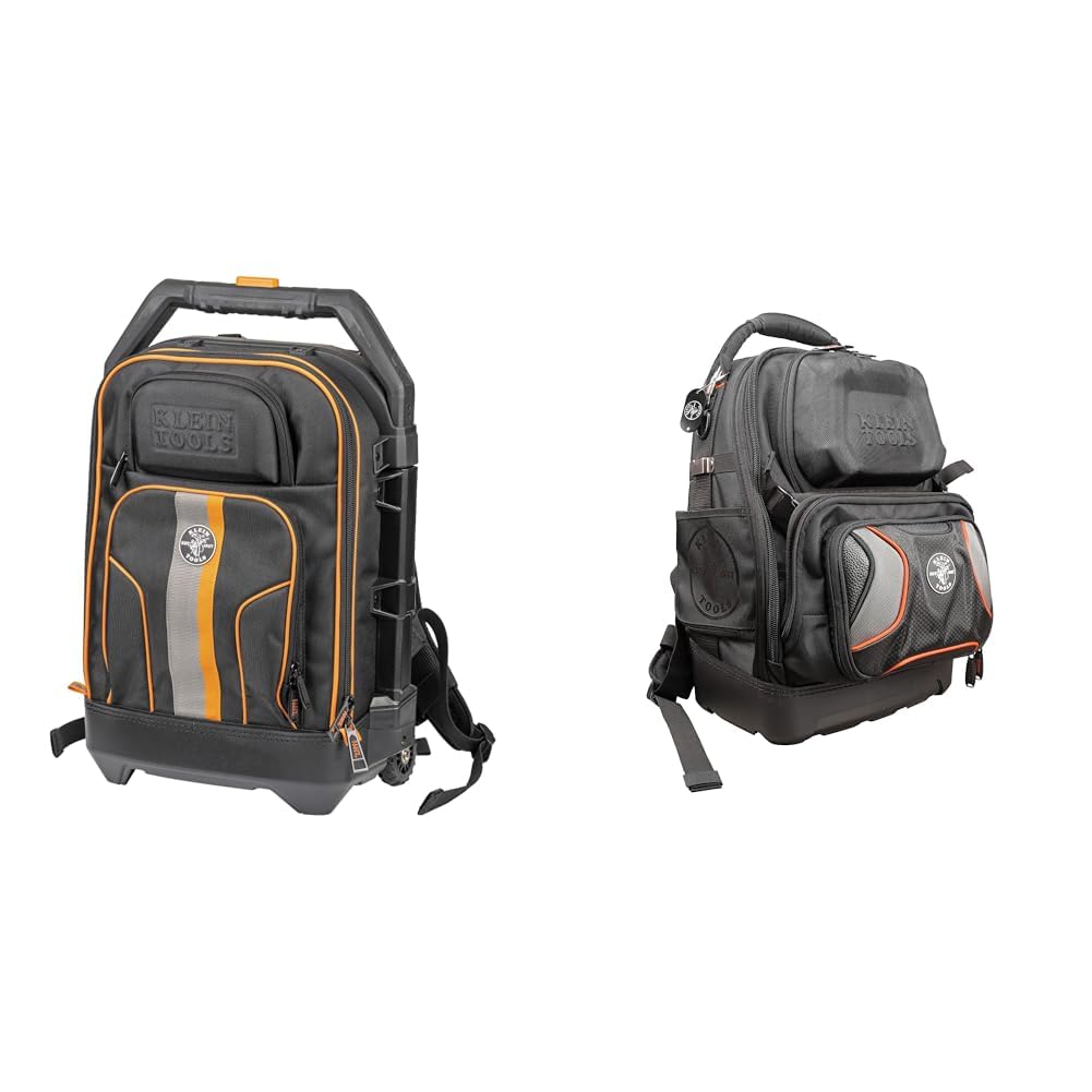 Klein Tools 55604 Rolling Tool Backpack, Tool Bag with 28 Pockets, Heavy Duty Retractable Handle & 55485 Tool Bag Backpack, Durable Electrician Backpack with 48 Pockets for Hand Tools