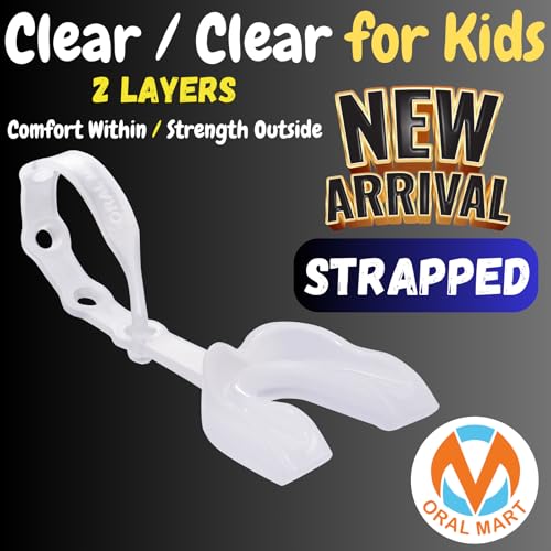 Image of Oral Mart 2024 (Clear /Clear) Strapped Youth Mouth Guard for Kids (The Only 2-Layer Clear Mouth Guard) Comfort Meets Durability - Mouthguard with Connected Strap for Football, Ice Hockey, Lacrosse