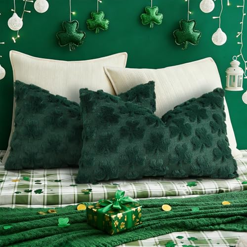 Image of decorUhome St. Patrick's Day Shamrock Green Pillow Covers 12x20 Inch Set of 2, Soft Plush Faux Wool Throw Pillow Covers, Farmhouse Spring Holiday Decor for Sofa Living Room