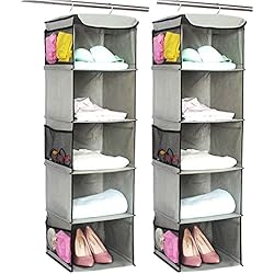 Estanteria Colgante Tela BrilliantJo Organizador Colgante para Armario de 5 Niveles y con 6 Bolsillo, 2 PCS Estantería Colgante de Tela y 2 Ganchos, Estante de Tela para Armario para Ropa, Toallas (30 * 30 * 108cm, Gris)