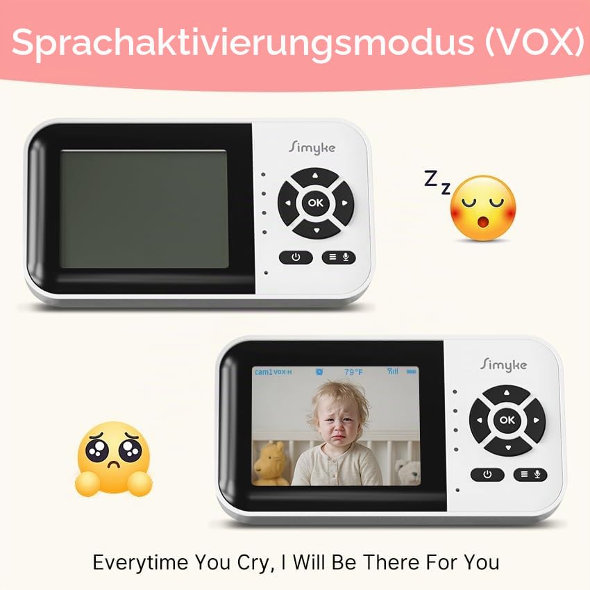 Smart Babyphone mit Kamera und Audio Dual-Modus, WLAN-Schalter, 2,8-Zoll-Display, Nachtsicht, Fütterungsuhr, Temperaturerkennung, 2-Wege-Talk,