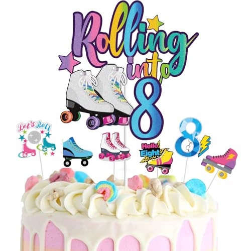 7Pcs Rolling into 8 Theme Cake Toppers Sets Roller Skate Happy 8th Birthday Themed Set Cake Decoration Girls Club Rolling 8 Years Old Supplies Girls Retro Colorful Hip Hop