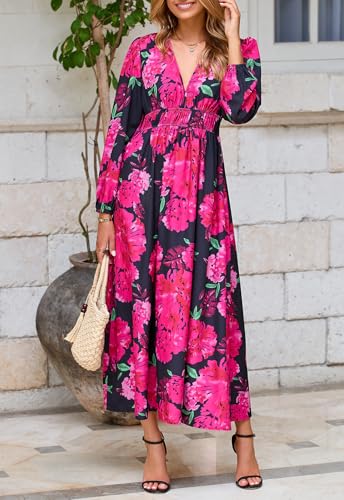 Image of Maxigerui Women's Long Sleeve Floral Maxi Dress 2026 Spring Summer Wedding Guest Dress Red Floral L