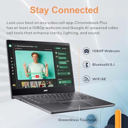 Image of acer Chromebook Plus 514 Laptop with Google AI, Intel 8-Core i3-N305, 8 GB LPDDR5, 2 TB SSD, 14 inch FHD 1920 x 1080 IPS Touch Screen, Wi-Fi 6E, 1080P Webcam, Chrome OS, 1080p Webcam, Long Battery Life