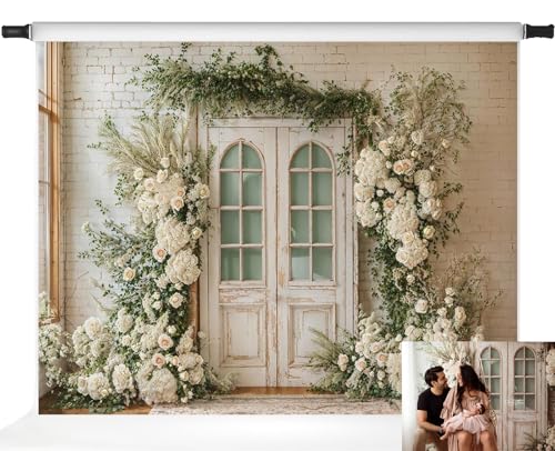 Kate Spring Flowers Photography Backdrops Door Foral White Brick Wall Wedding Birthday Photo Studio Props, 7x5ft