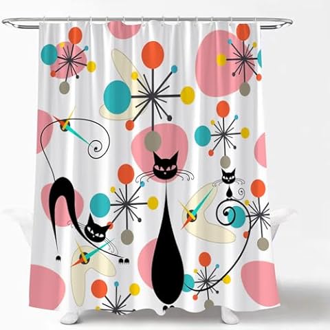 LAEDCIITI Mid Century Black Cat Shower Curtain Modern Atomic Abstract Geometric Iconic Pattern Retro Black Kitty Animal 1950s 1960s Vintage Funny Fabric Bathroom Curtain Set with Hook Cover