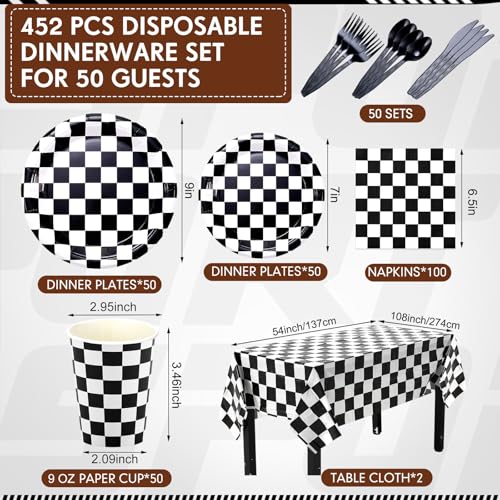 Image of Funnymoom 452 Pcs Checkered Flag Party Supplies for 50 Guests, Black and White Checkered Paper Plates Napkins Cups Tablecloth Cutlery Straws for Race Car Birthday Party Decorations
