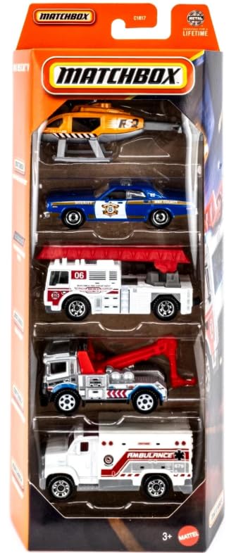 Matchbox MBX Rescue V 5 Pack [Rettungshubschrauber, 1978 Dodge Monaco Polizei, Flame Tamer, Urban Tow Truck, Ambulance] 1:64 Maßstab Druckguss-Spielzeugfahrzeuge