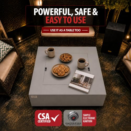 Image of AMS Creations | Brooklyn 40 inch Bundle Square Propane Gas Outdoor Fire Pit Table | Light Gray Concrete GFRC Smooth Texture Surface Fire Pit Table