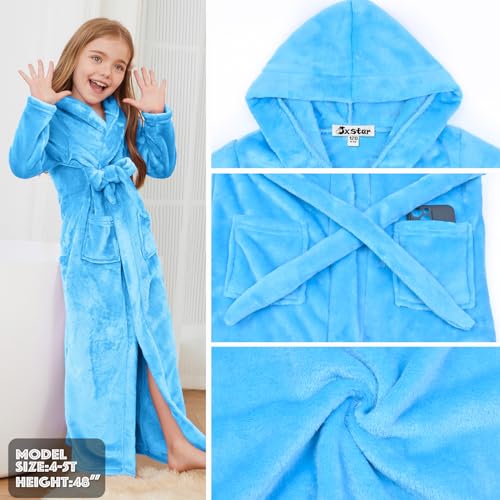 Image of Jxstar Girls Bathrobes Kids Long Hooded Robes Plush Full Length Coral Fleece Pajamas Sleepwear