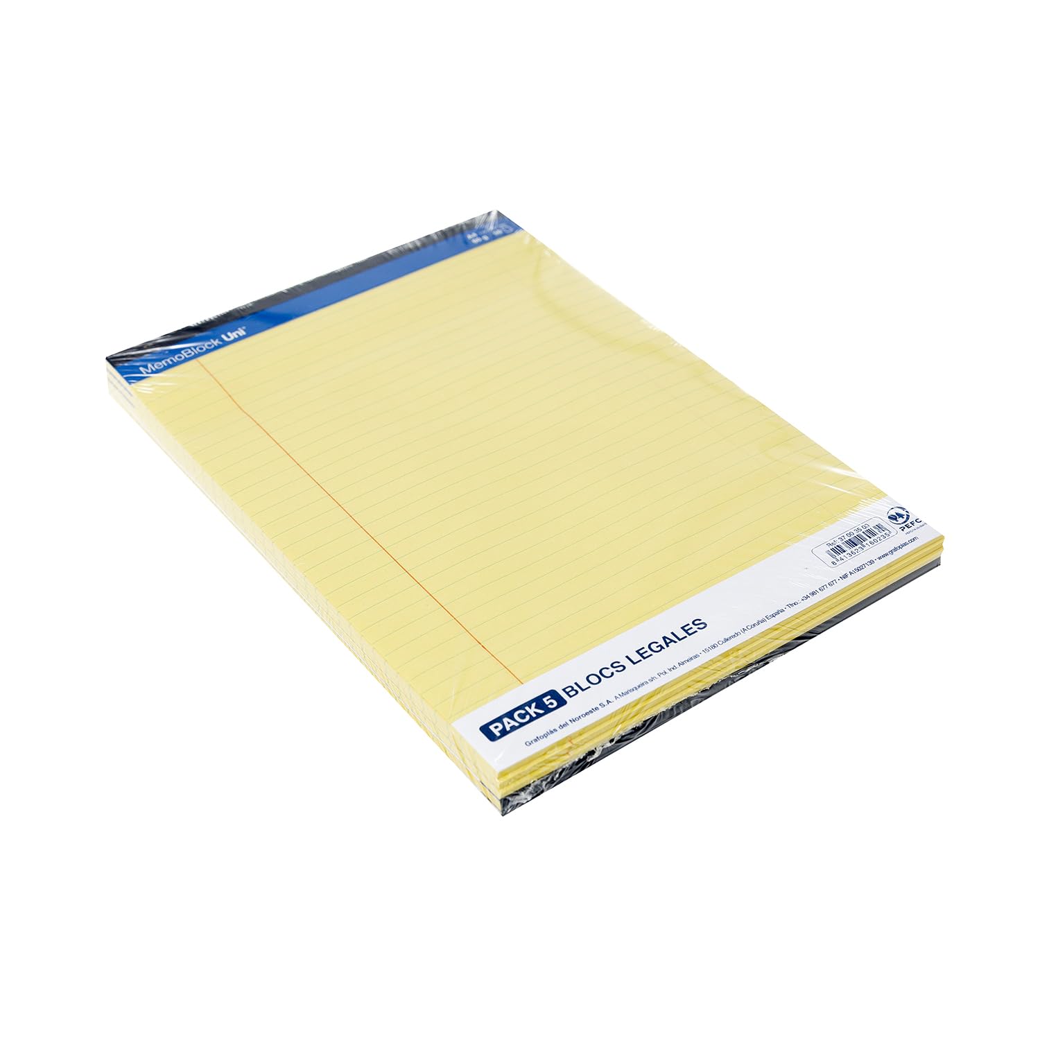 Unipapel | Zestaw 5 notatek prawnych A4 | 50 arkuszy | 8 mm w paski z marginesem | papier 60g | kolor żółty | mikroperforowane arkusze | 29,5 x 21 cm | Wytrzymała płyta kartonowa | MemoBlock Uni