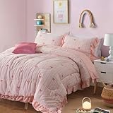 A Nice Night Rainbow Stripes & Bows Bedding Set,Ruffle 6 Piece Bed in a Bag Matching Sheet Set,Princess Style Chic Bow Printed,Light Pink Room Decor for Girls,Twin