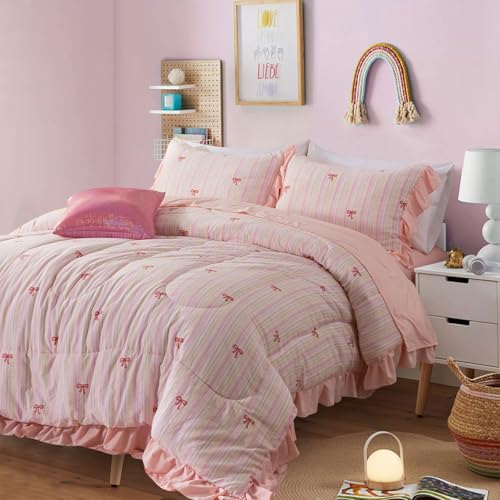 A Nice Night Rainbow Stripes & Bows Bedding Set,Ruffle 6 Piece Bed in a Bag Matching Sheet Set,Princess Style Chic Bow Printed,Light Pink Room Decor for Girls,Twin