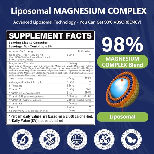 Image of 2 Pack 29-in-1 Liposomal 18 Active Types Magnesium Complex 1400MG Capsule,L-Threonate Glycinate Malate etc,Mild & Efficient,Extra Vitamin B6 B12 D3K2 & CoQ10, Relaxation Nerve* & Hert* Support