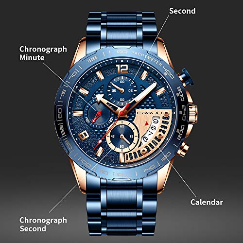 Crrju Watches For Mens Fashion Business Quartz Analog Auto Date Men's Watch Blue Stainless Steel Band Waterproof Chronograph Wrist Watch For Men #TOP3