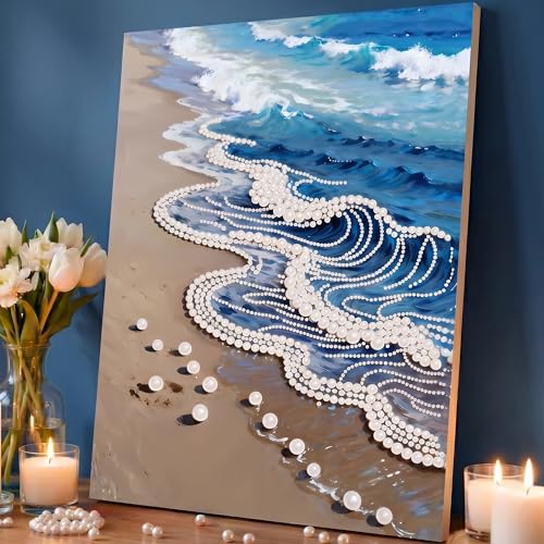 vhemo DIY 3D Pearl Painting Kit with Wooden Frame - Upgraded Diamond Art Kits for Adults, Ready to Hang Gem Painting, Relaxing Paint by Numbers, Creative Mosaic Craft (Sunlit Sands)