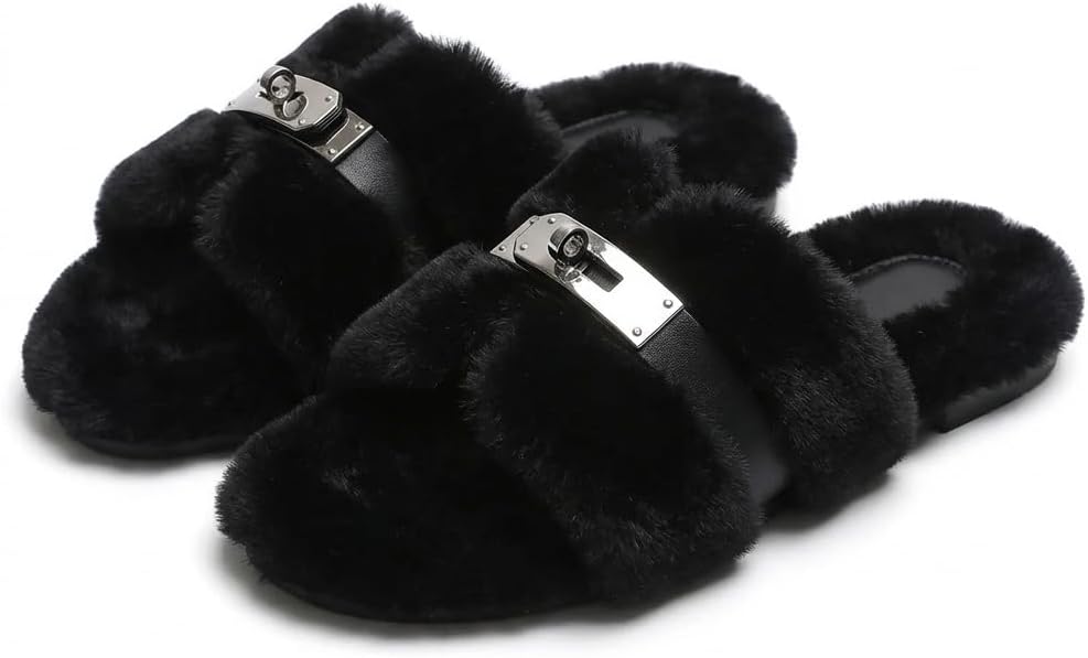 Women Faux Fur Slides Lock Buckle Sandals Fuzzy Open Toe Slippers Chic Elegant Plush Flat Shoes Indoor Outdoor Lounging Autumn Winter Spring