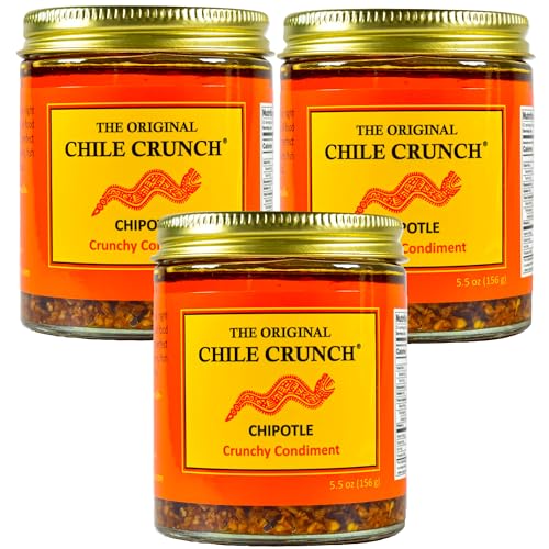 CHILE CRUNCH - Chipotle Spicy Crunchy Condiment - All Natural Roasted Chili Peppers, Garlic &amp; Onion Crisp Sauce - Vegan, Gluten-Free, No Preservatives - Homemade Authentic Mexican Recipe 5.5oz (3 Pack)