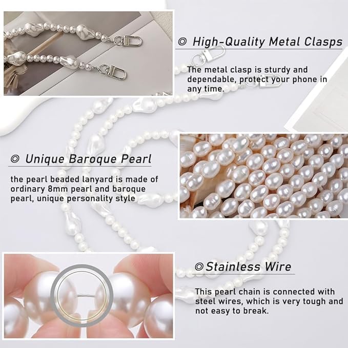 Image of KHOLAD White Bow Phone Chain Crossbody Pearl Strap | 2in1 Wrist & Shouler Crossbody Lanyard | Pearl Beads Charms Chain with Phone Tether Patches | Compatible with Most Phones, Bag, Purse