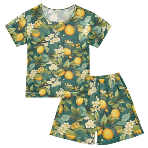 ALAZA Lemon Flowers Branches Green Pajama Set Short Sleeve Sleepwear Soft Lounge Nightwear