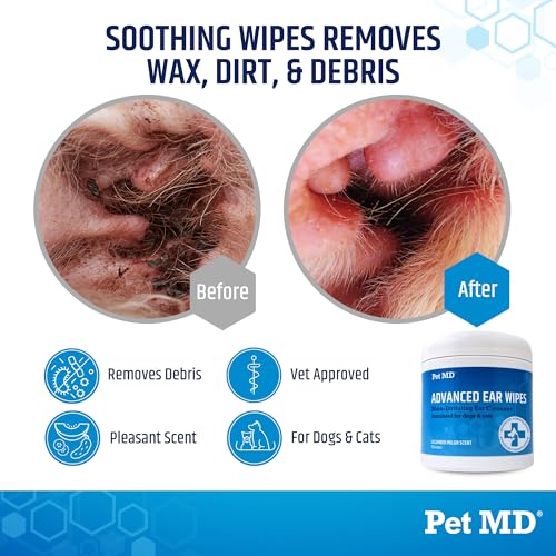 Pet MD Cat and Dog Ear Cleaner Wipes - Advanced Otic Veterinary Ear Cleaner Formula - Dog Ear Infection Treatment - 100 Count