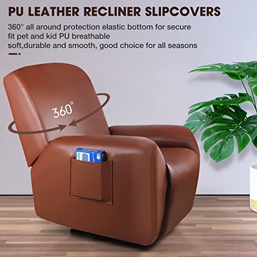 Pu Leather Recliner Slipcovers With Pockets，4 Pieces Waterproof Stretch Recliner Chair Covers，Washable Furniture Protector With Anti-Slip Elastic Strap Shield For Pets Kids Children Pets (Brown) #TOP1