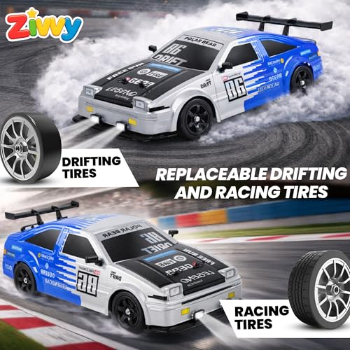 Image of Big Remote Control Car - Blue | 2.4G Drift Racing Car with 100 Meter Range, Smoke Effect, LED Lights & Music | Rechargeable RC Car Toy | Best Gift for Boys & Girls 2 3 4 5 6 7 8+ Years