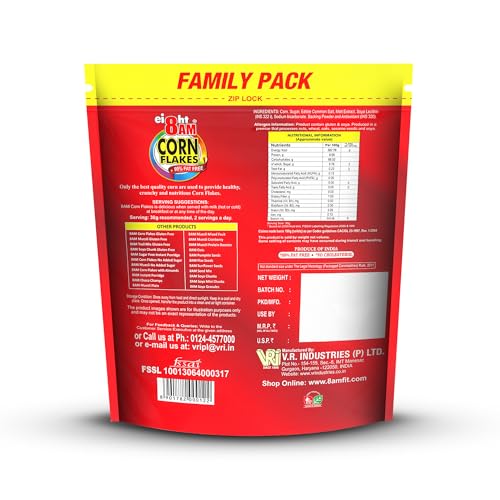 Image of 8AM Corn Flakes Family Pack 1kg, 92% Corn, 99% Fat Free, No Cholesterol, Trans Fat, Vitamin B3 & Iron, Crunchy & Nutritious Whole Grain Breakfast Cereal