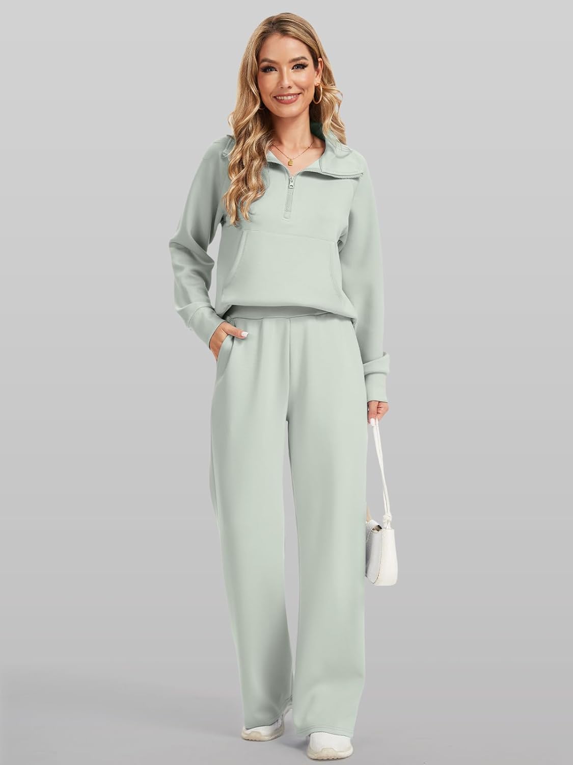 Women 2 Piece Outfits Casual Sweatsuit Oversized Sweatshirt With Front Pocket And Wide Leg Pants Tracksuit Sets