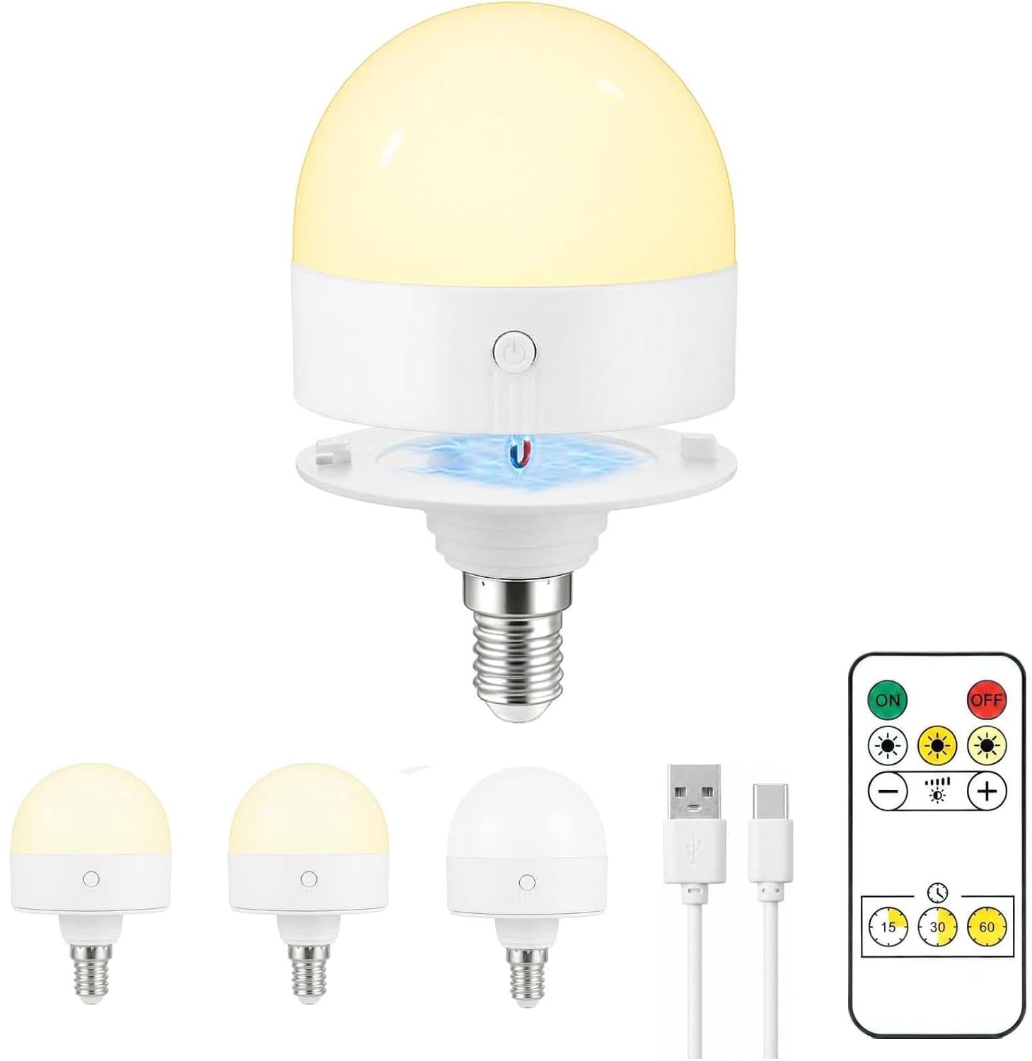 USB Rechargeable Light Bulb, E14 Dimmable Bulbs with Magnetic Base Detachable,3 Color 5W Battery Powered Light Bulbs with Timer and Remote Control for Non-Hardwired Lamps Wall Sconces Bedroom 1 Pack — image 1