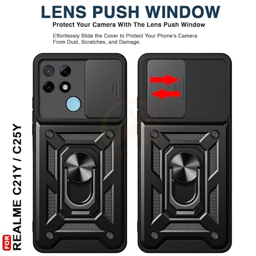 Image of Armor Bumper Back Cover Case for Realme C21Y / C25Y Rotating Camera Cover, Ring Holder & Kickstand | Heavy Duty & 360 Degree Protection Realme C21Y / C25Y Back Cover (Black)