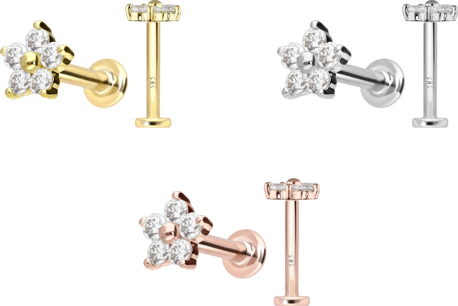 PIERCINGLINE 14 Karat Gold Labret Ohr Piercing mit Push Fit MOISSANIT BLUME 0,075 kt Farb & Größenauswahl