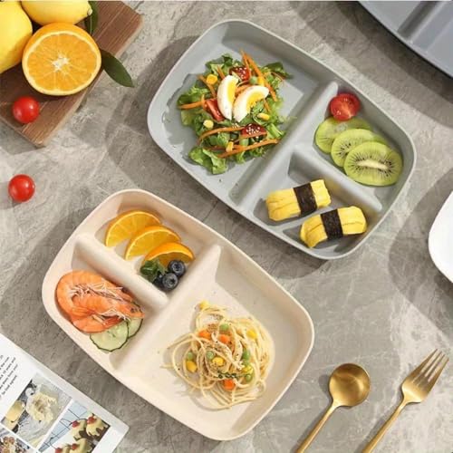 Image of Eco Friendly Wheat Straw Plates with 3 Compartments Food Separator Plastic Trays for Dinner, Cake, Fruits, Salad, Cupcake, Steak, Pasta Microwave Dishwasher Safe (Beige, Pack of 2)