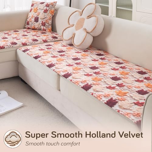 Image of HOKIPO 'Nature Muse' Premium HD Printed Holland Velvet L Shape (2+2 Seater) Sofa Cover Seat Mat, Autumn Maple (IN-915-D1 + IN-916-D1)