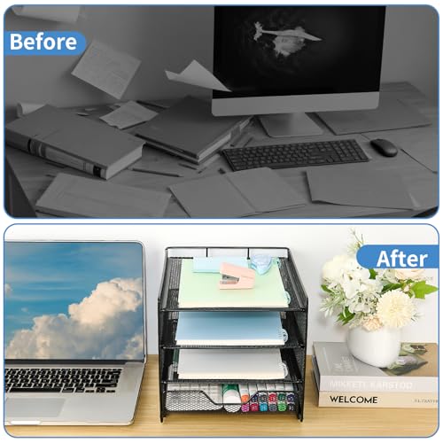Image of OPNICE Desk Organizer, 4-Tier Desktop File Organizer with Drawer, Office Desk Accessories, File Sorters, Workspace Organizers for Office Supplies(Black Upgraded)